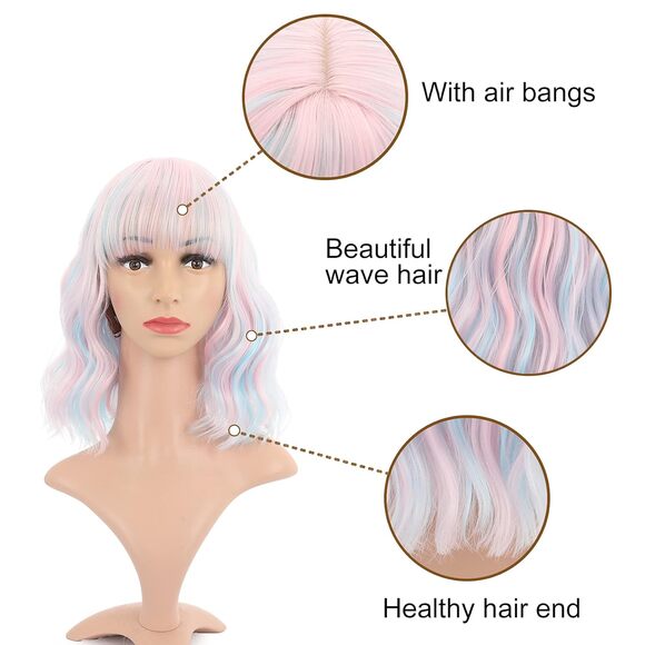 Women's Short Pink Mix Blue Wigs Curly Wavy Shoulder Length Pastel Bob - Picture 2 of 3